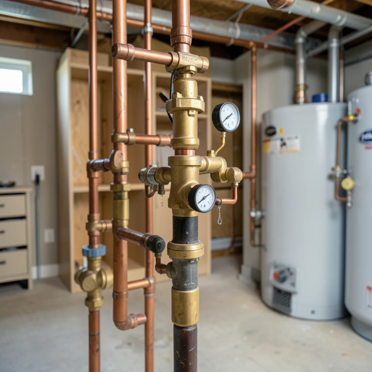 Plumber installing a thermal expansion tank above a water heater cold supply line