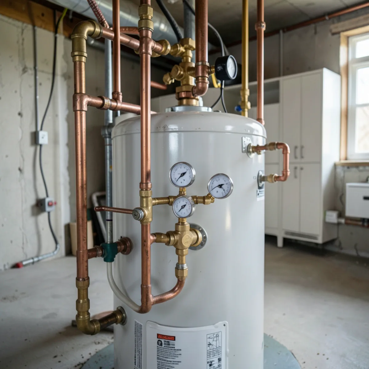Corroded water heater base and thinned steel jacket seam showing terminal failure