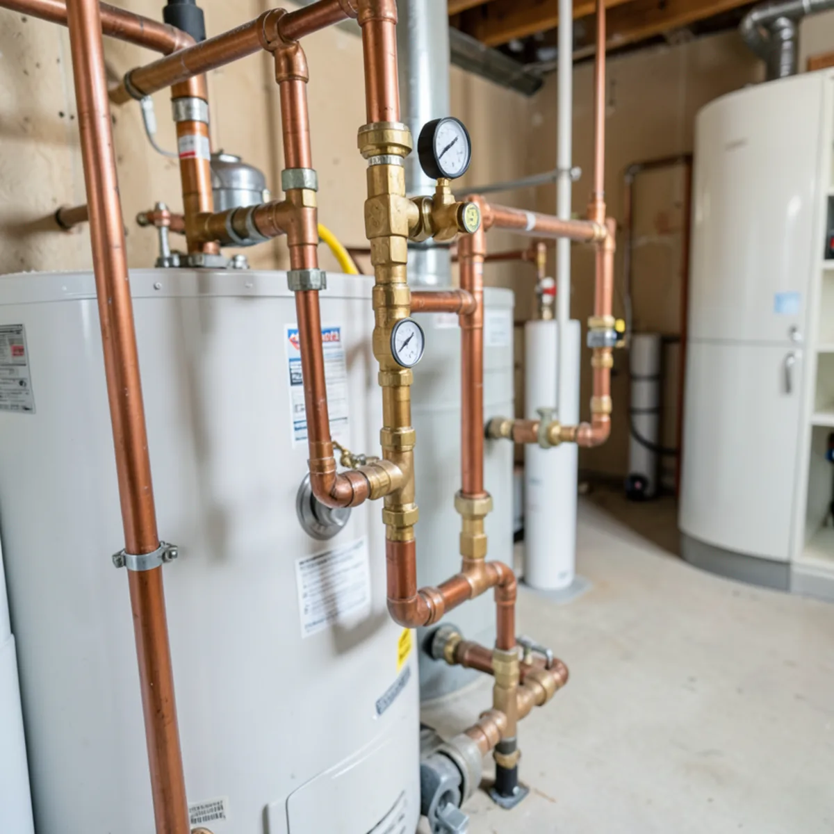Plumber inspecting water heater top connections and discharge piping to isolate downward leak travel